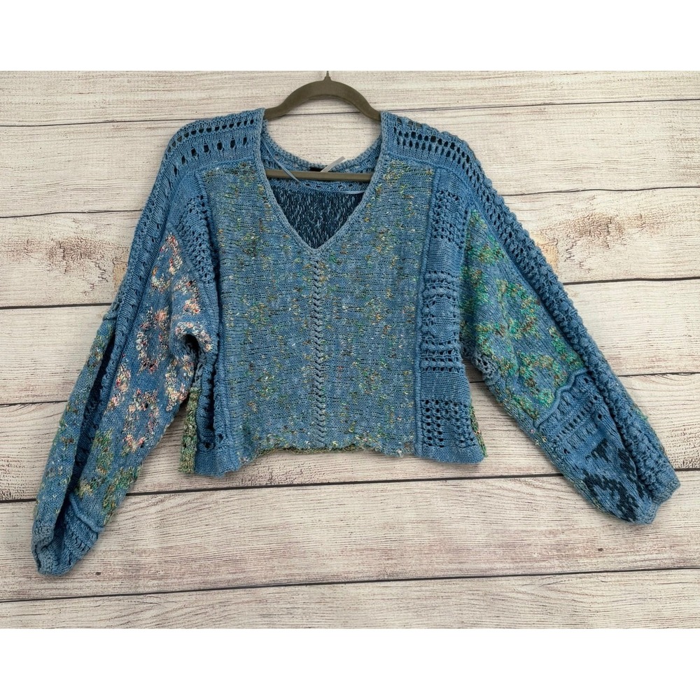 Free People Sweater Womens XS Blue Patchwork V-Neck Mixed Knit Boho OB1247678